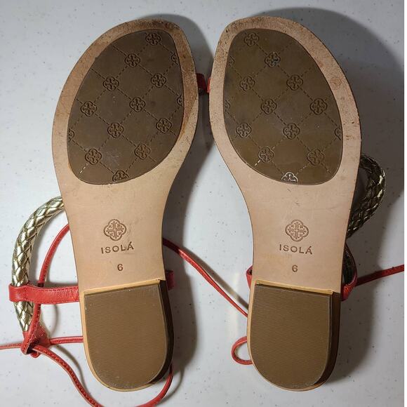 Isola Coral Orange Cleopatra Gold Braided Tie Back Thong Sandals Women's 6 - Picture 9 of 10